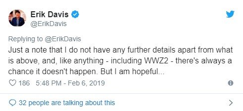 Em Twitter, Erik Davis não tem ais detalhes sobre o cancelamento de World War Zombie 2