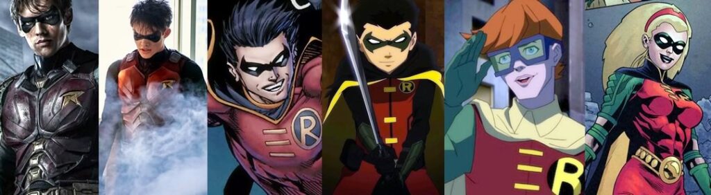 Robins: Dick Grayson, Jason Todd, Tim Drake, Damian Wayne, Carrie Kelly e Stephanie Brown