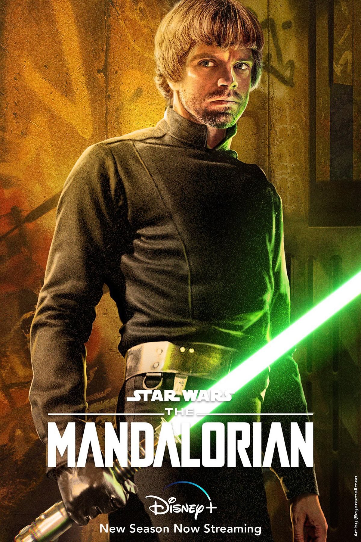 Montagem de Sebastian Stan como Luke Skywalker em The Mandalorian 2