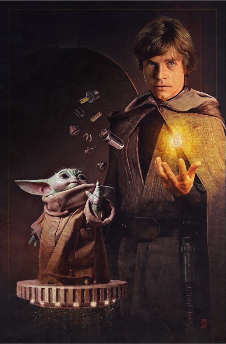 STAR WARS | Luke Skywalker e Grogu construindo um sabre de luz usando a força em arte oficial