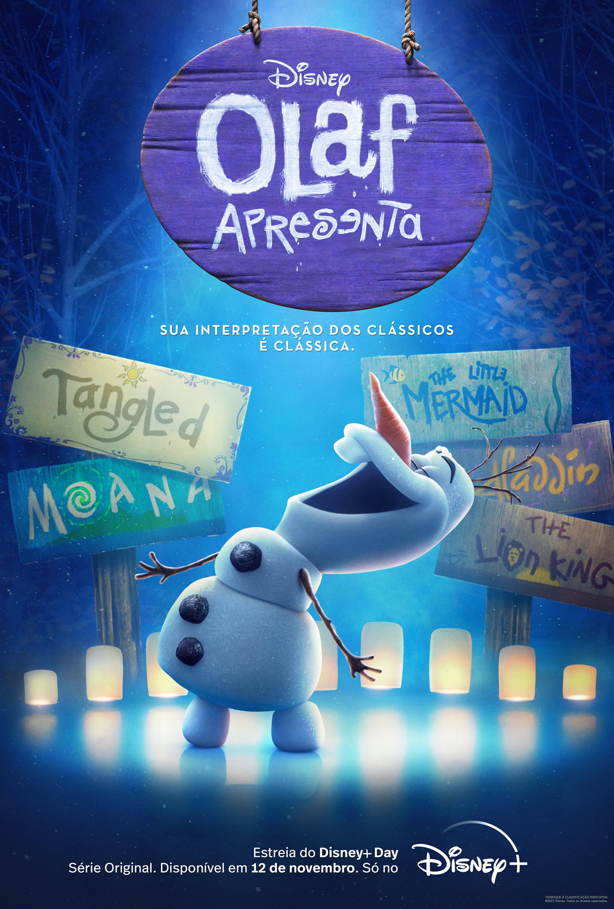 Olaf dando vida as histórias clássicas da Disney em trailer Olaf Apresenta para o streaming Disney +