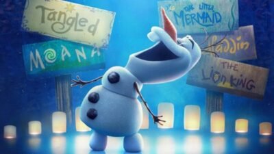 Olaf dando vida as histórias clássicas da Disney em trailer Olaf Apresenta para o streaming Disney +