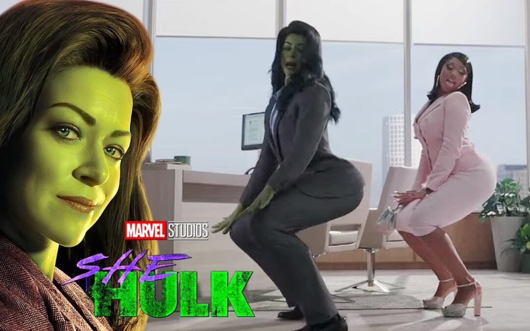 Mulher-Hulk dançando com a rapper Megan Thee Stallion em episódio 3 da série She-Hulk da Marvel Studios