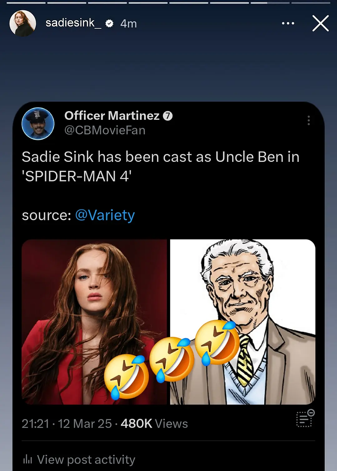 Meme com a ideia de Sadie Sink interpretar o Tio Ben em Homem-Aranha 4