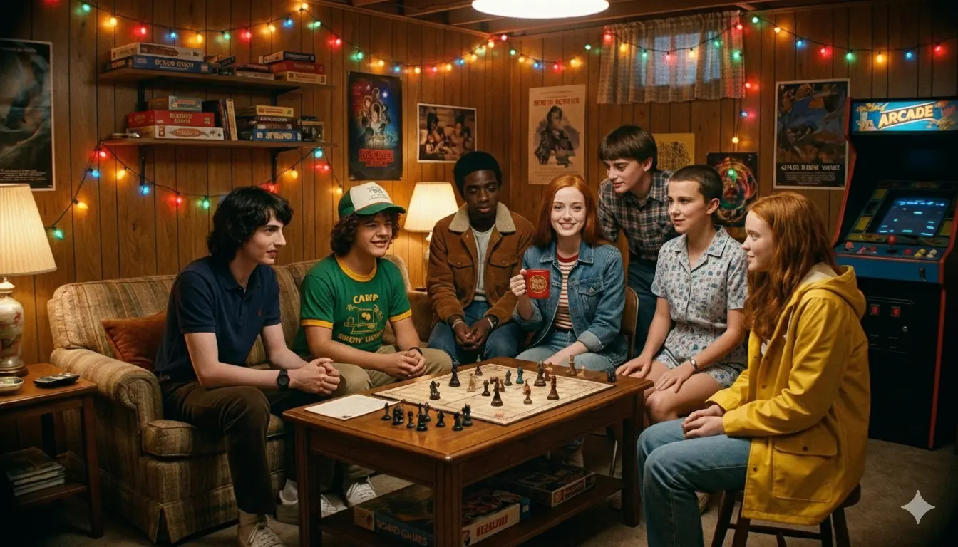 Stranger Things Prompt Gemini para Cena do porão da família Wheeler jogando Dungeons & Dragons