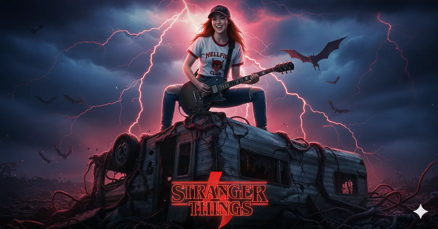 Stranger Things Prompt Gemini tocando guitarra com blusa do Hellfire Club