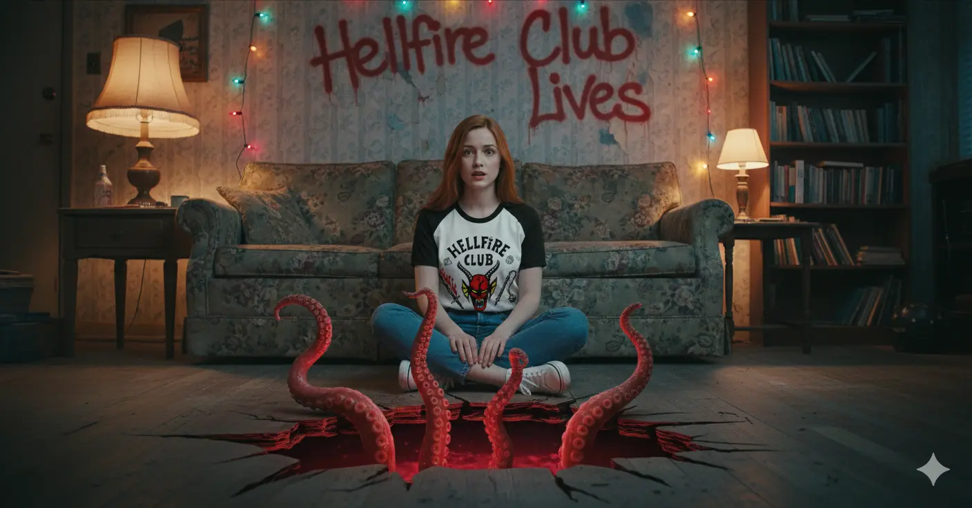 Stranger Things Prompt Gemini para sala de Will Byers com passagem para o Mundo invertido no chão